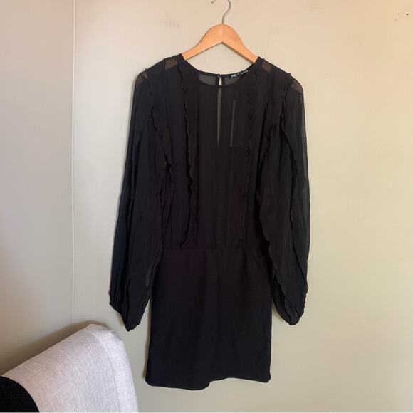 Zara Ruffled Mesh Mini Dress Black Size Small NWT Sheer witchy Grunge gothic - Picture 5 of 9